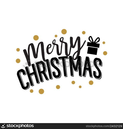 Merry Christmas lettering. Holiday inscription with gift and flying dots. Handwritten text, calligraphy. Can be used for greeting cards, posters and leaflets