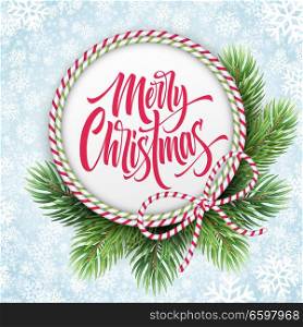 Merry Christmas lettering in circle rope frame. Xmas greeting with fir branches and striped bow. Merry Christmas calligraphy in round frame on snowflakes background. Poster design. Vector illustration. Merry Christmas lettering in circle rope frame