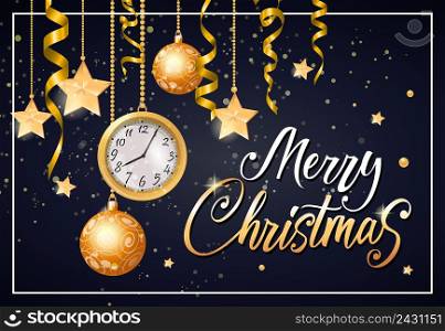 Merry Christmas lettering in frame with hanging baubles, stars and watch on black background. Calligraphic inscription can be used for greeting cards, festive design, posters, banners.