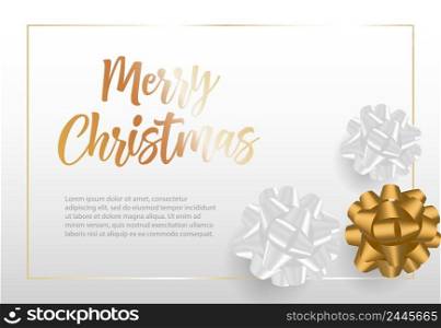Merry Christmas lettering in frame with ribbon bows. Christmas greeting card. Handwritten text, calligraphy. For leaflets, brochures, invitations, posters or banners.