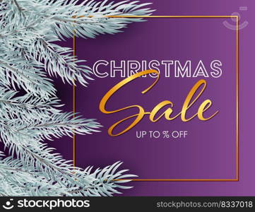 Merry Christmas lettering in golden frame with fir branches on purple gradient background. Lettering can be used for posters, leaflets, announcements