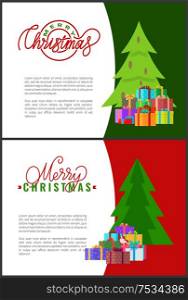 Merry Christmas lettering inscriptions on invitations. Wishes of happy New Year, spruces and forest pines, vector Green Xmas trees and piles of gifts. Merry Christmas Lettering Inscription Invitations