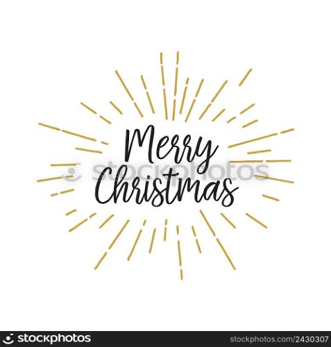 Merry Christmas lettering. Modern inscription with golden lights in shape of sun. Handwritten text, calligraphy. Can be used for greeting cards, posters and leaflets