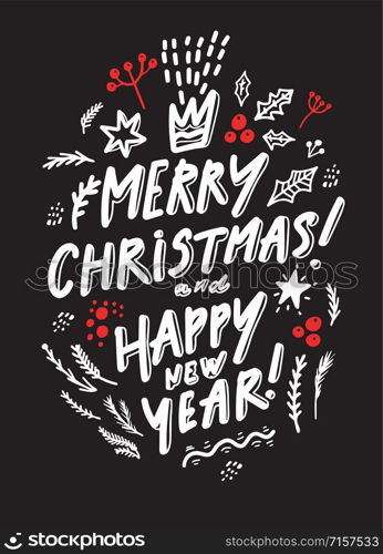 Merry Christmas Lettering on a black background. Hand Drawn illustration.