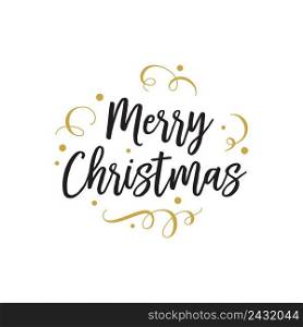 Merry Christmas lettering. Party inscription with golden confetti around text. Handwritten text, calligraphy. Can be used for greeting cards, posters and leaflets