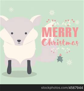 Merry Christmas lettering postcard with cute polar baby fox, vector illustration