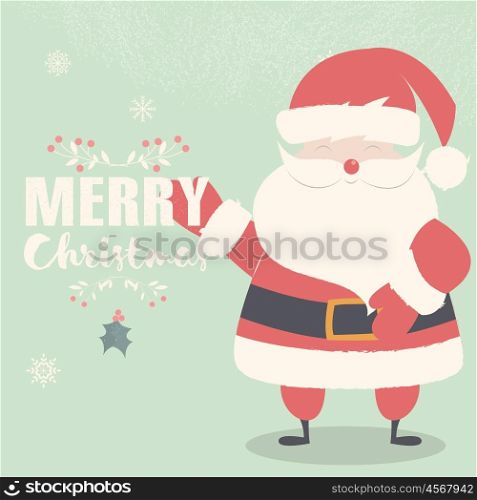 Merry Christmas lettering postcard with smiling and waving Santa Claus, vector illustration