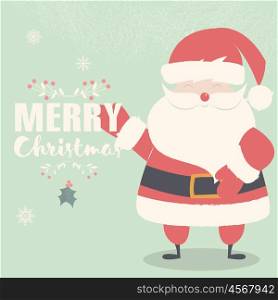 Merry Christmas lettering postcard with smiling and waving Santa Claus, vector illustration