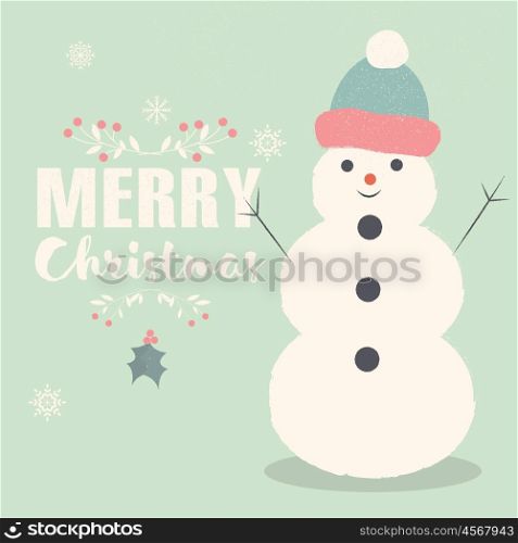 Merry Christmas lettering postcard with smiling Snowman, vector illustration