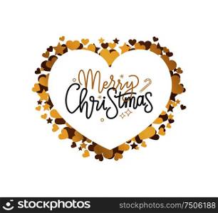Merry Christmas lettering sign with happy winter holidays wishes. Typography inscription doodle text, calligraphic letters in heart shape golden frame. Merry Christmas Inscription, Winter Lettering Sign