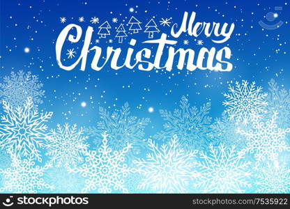 Merry Christmas lettering text, vector white snowballs. Spruce trees line art icons, snowflakes isolated on blue background. Snowfall at wintertime, night sky. Merry Christmas Lettering Vector White Snowballs