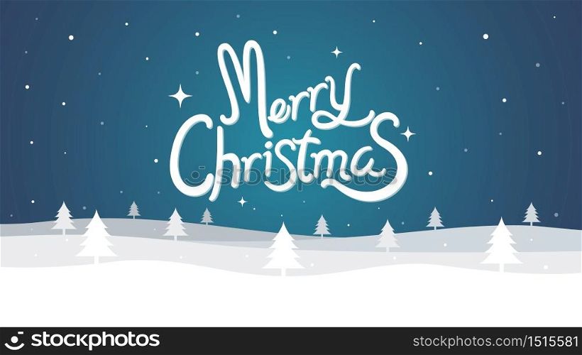 Merry Christmas Lettering vector design card template with winter landscape with snowflake vector illustration