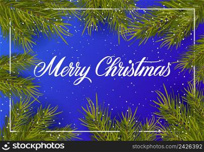 Merry Christmas lettering. Winter background with falling snow and fir twigs as frame. Handwritten text, calligraphy. Can be used for greeting cards, posters and leaflets