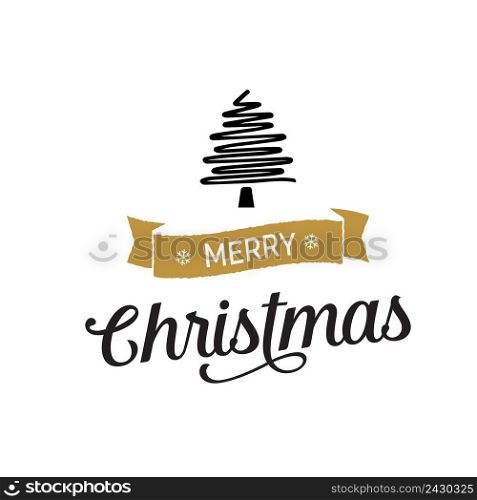 Merry Christmas lettering. Winter inscription with tree line drawing and small snowflakes on scroll. Handwritten text, calligraphy. Can be used for greeting cards, posters and leaflets