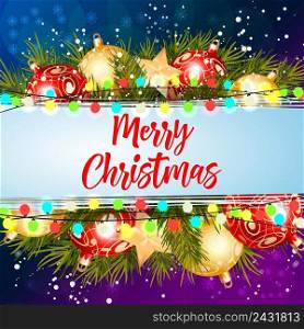 Merry Christmas lettering with baubles, fir sprigs and lights. Calligraphic inscription can be used for greeting cards, festive design, posters, banners.