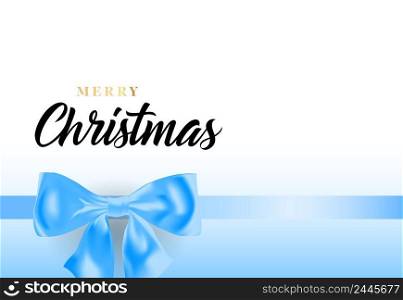 Merry Christmas lettering with blue ribbon bow. Christmas greeting card or cover design. Handwritten text, calligraphy. For leaflets, brochures, invitations, posters or banners.