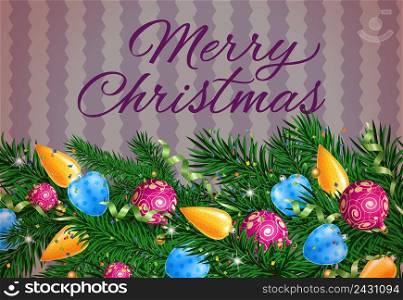 Merry Christmas lettering with fir sprigs, baubles and streamer. Calligraphic inscription can be used for greeting card, festive design, posters, banners.
