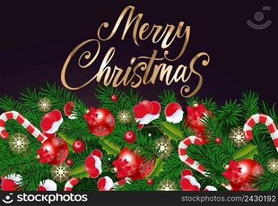 Merry Christmas lettering with fir sprigs, baubles, candy canes and berries. Calligraphic inscription can be used for greeting card, festive design, posters, banners.