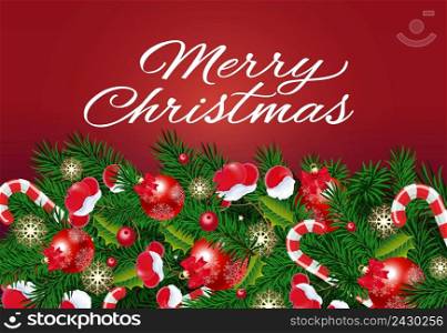 Merry Christmas lettering with fir sprigs, baubles, candy canes and berries. Calligraphic inscription can be used for greeting card, festive design, posters, banners.