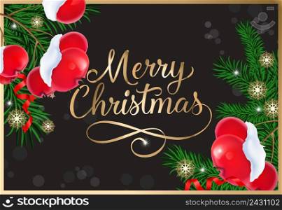 Merry Christmas lettering with fir sprigs, mistletoe berries and snowflakes in golden frame on black background. Can be used for postcards, festive design, posters