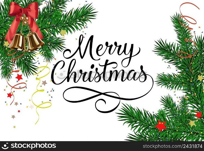 Merry Christmas lettering with fir sprigs, streamer and bells on white background. Can be used for postcards, festive design, posters