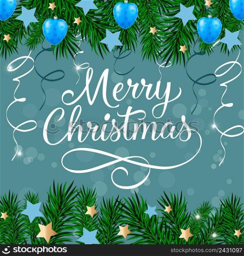 Merry Christmas lettering with fir sprigs, streamer and ornaments on grey background. Can be used for postcards, festive design, posters