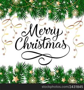 Merry Christmas lettering with fir sprigs, streamer and strings of beads on white background. Can be used for postcards, banners, posters