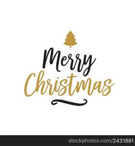 Merry Christmas lettering with fir tree silhouette. Christmas design element. Handwritten text, calligraphy. For greeting cards, posters, leaflets and brochure.
