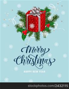 Merry Christmas lettering with gift box, mistletoe, fir branchesand snowflakes. Celebration, invitation, festivity. Holiday concept. Can be used for greeting card, postcard, brochure