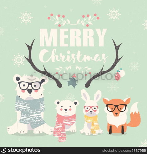 Merry Christmas lettering with hipster polar bears, fox and rabbit, vector illustration