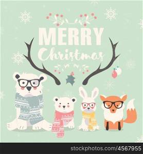 Merry Christmas lettering with hipster polar bears, fox and rabbit, vector illustration