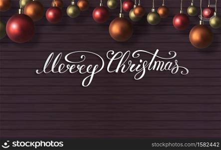Merry Christmas lettering with red,orange,gold christmas balls on wooden wall. New Year composition . Vector. Merry Christmas lettering with red,orange,gold christmas balls on wooden wall. New Year composition . Vector illustration