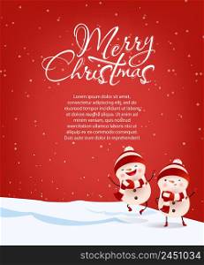 Merry Christmas lettering with sample text and snowmen. Christmas greeting card. Handwritten text, calligraphy. For leaflets, brochures, invitations, posters or banners.. Merry Christmas lettering with sample text and snowmen