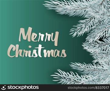 Merry Christmas lettering with silver decoration and fir branches on turquoise gradient background. Lettering can be used for posters, leaflets, announcements