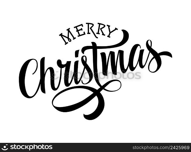 Merry Christmas lettering with swirl. Christmas greeting card. Handwritten text, calligraphy. Can be used for greeting cards, posters, leaflets and brochure