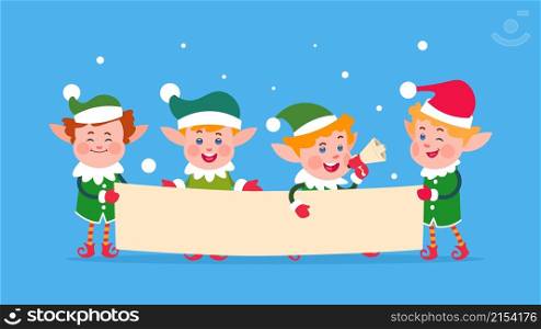 Merry Christmas message. Santa elf holding banner, cute cartoon elves. Tales characters vector poster empty card for message, christmas presenting illustration. Merry Christmas message. Santa elf holding banner, cute cartoon elves. Tales characters vector poster