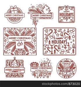 Merry Christmas monochrome sketches with gifts and symbols vector. Winter holiday signs, bells and toys, homemade cookies, xmas pastry and presents. Pine tree decorated with glowing garlands. Merry Christmas monochrome sketches with gifts and symbols vector