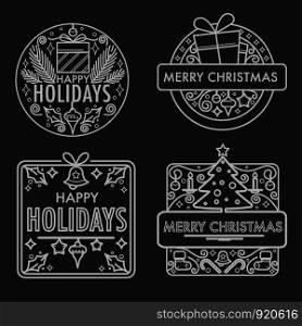 Merry Christmas monochrome sketches with gifts and symbols vector. Winter holiday signs, bells and toys, homemade cookies, xmas pastry and presents. Pine tree decorated with glowing garlands. Merry Christmas monochrome sketches with gifts and symbols vector.