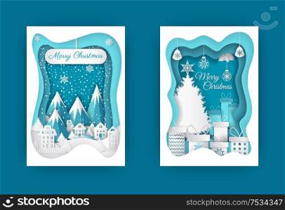 Merry Christmas near fir-tree and mountain. Residential buildings and hills with snowfall. Presents with decorations and tree vector illustration. Merry Christmas near Fir-tree and Mountain Vector