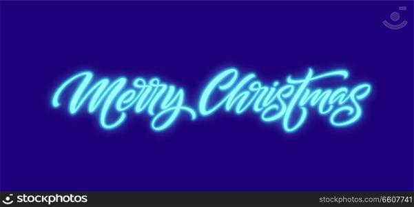 Merry Christmas neon lettering. Xmas greeting sign. Merry Christmas golden neon light isolated on black background. Xmas calligraphic text. Postcard, banner design element. Vector illustration. Merry Christmas neon lettering