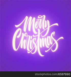 Merry Christmas neon lettering. Xmas greeting sign. Merry Christmas neon light isolated on purple background. Xmas calligraphic text. Postcard, banner design element. Vector illustration. Merry Christmas neon lettering