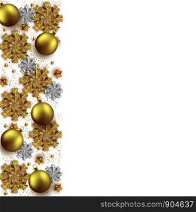 Merry Christmas New Year background design, decorative baubles and glitter snowflakes frame, vector illustration