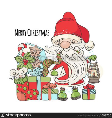 MERRY CHRISTMAS New Year Cartoon Card Vector Illustration Set