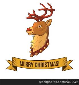Merry christmas new year holiday deer icon with ribbon vector illustration