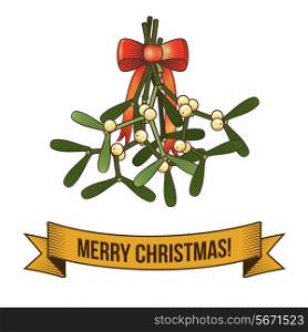 Merry christmas new year holiday holly branch icon with ribbon vector illustration
