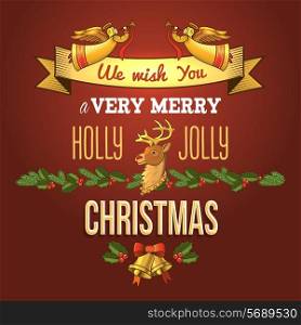 Merry christmas new year holiday ornament card with angel deer and bells vector illustration