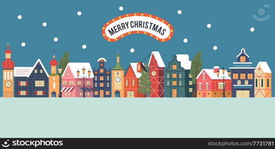 Merry christmas. Night snow covered town. Snowfall. Christmas card with. Vector greeting christmas card.. Night snow covered town. Christmas card with. Vector greeting christmas card.