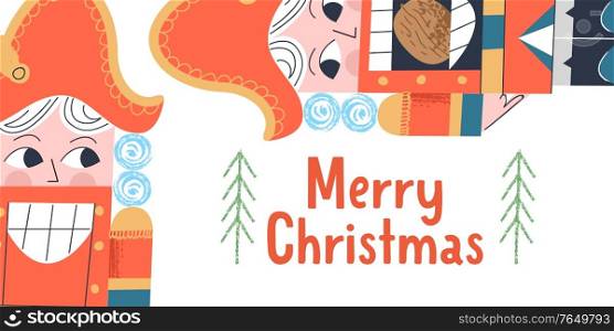merry Christmas. Nutcracker, Christmas wooden Christmas tree decoration. Greeting card, Christmas banner.. Nutcracker. Christmas tree decoration. Vector illustration.