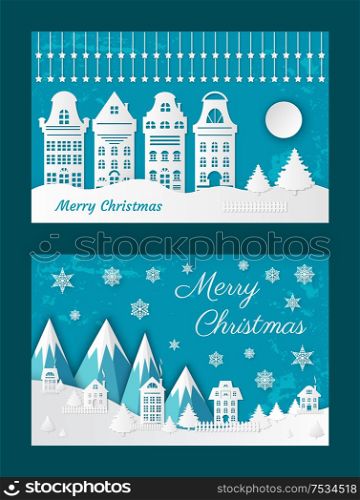 Merry Christmas, old town paper cuts, city view vector. Cut out of vintage buildings and snowing weather, mountains and hills. Evening and snowflakes. Merry Christmas, Old Town Paper Cuts, City View