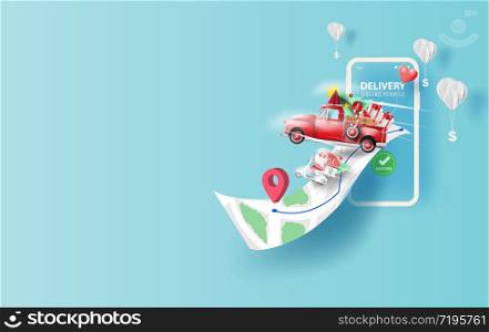 Merry Christmas Online delivery smartphone concept.Fast respond delivery package shipping on mobile.Online order tracking world map location.Logistic delivery service.Santa Claus drive motorcycle.